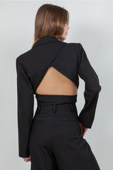 Cropped Structured Woven Blazer W Self Wrap Belt